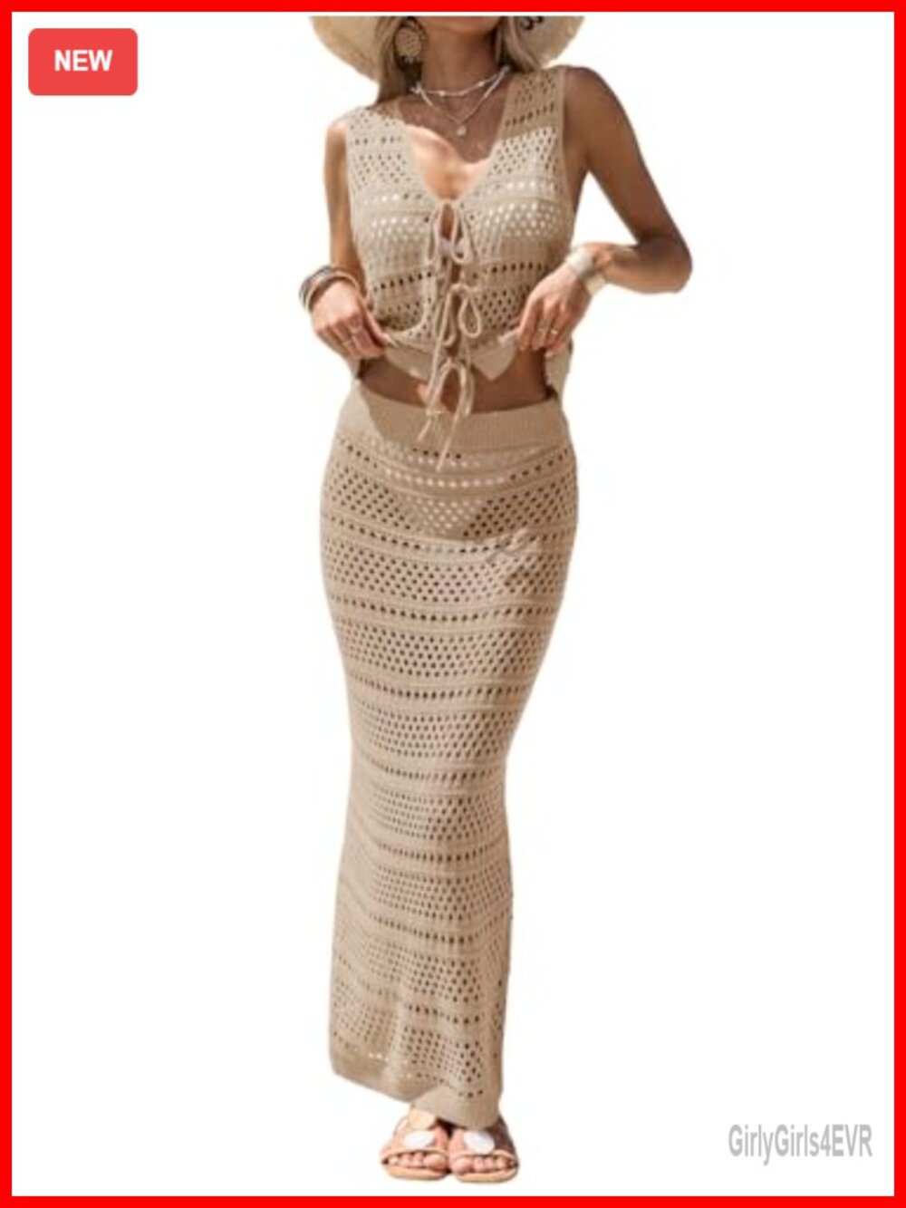 Crochet 2-Piece Swim Coverup Set Sleeveless Crop Tank Tie Top Maxi Skirt
